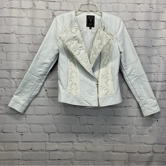 Guess Jackets & Blazers - Guess Moto Jacket Women's Size M White Vegan Leather Lace Inserts Asymmetrical